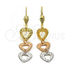 Oro Laminado Long Earring, Gold Filled Style Heart Design, Diamond Cutting Finish, Tricolor, 02.63.2155