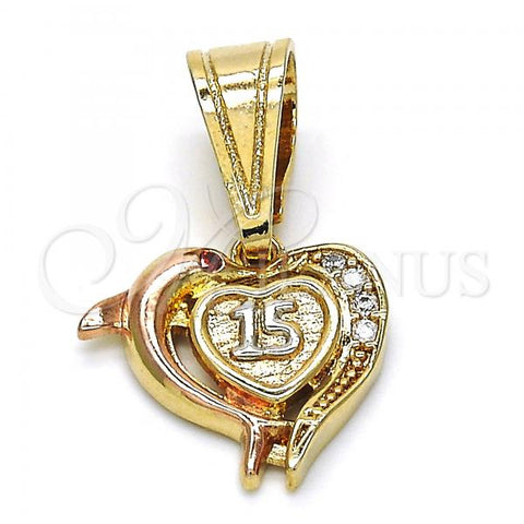 Oro Laminado Fancy Pendant, Gold Filled Style Heart and Dolphin Design, with White Cubic Zirconia, Polished, Tricolor, 05.120.0087.1
