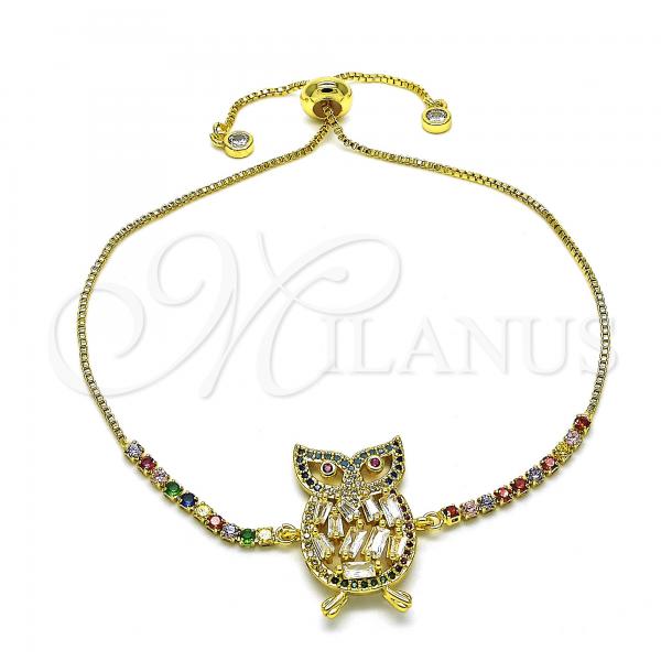 Oro Laminado Adjustable Bolo Bracelet, Gold Filled Style Owl Design, with Multicolor Cubic Zirconia, Polished, Golden Finish, 03.299.0019.11