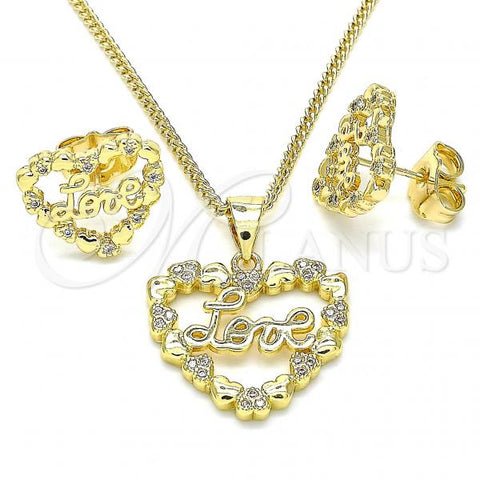 Oro Laminado Earring and Pendant Adult Set, Gold Filled Style Heart and Love Design, with White Micro Pave, Polished, Golden Finish, 10.156.0320