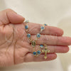 Oro Laminado Medium Rosary, Gold Filled Style Guadalupe and Evil Eye Design, Light Blue Resin Finish, Golden Finish, 09.63.0107.4.18