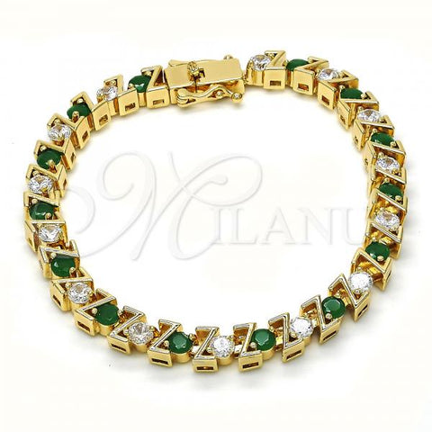 Oro Laminado Tennis Bracelet, Gold Filled Style with Green and White Cubic Zirconia, Polished, Golden Finish, 03.210.0078.2.08