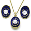 Oro Laminado Earring and Pendant Adult Set, Gold Filled Style Flower Design, with Ivory Pearl, Blue Enamel Finish, Golden Finish, 10.379.0054.1