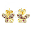 Oro Laminado Stud Earring, Gold Filled Style Butterfly Design, with Ruby and White Micro Pave, Polished, Golden Finish, 02.233.0022.2