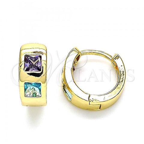 Oro Laminado Huggie Hoop, Gold Filled Style with Blue Topaz and Amethyst Cubic Zirconia, Polished, Golden Finish, 02.210.0563.2.12