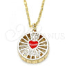 Oro Laminado Pendant Necklace, Gold Filled Style Heart Design, with White Cubic Zirconia, Red Enamel Finish, Golden Finish, 04.106.0035.20