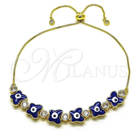 Oro Laminado Adjustable Bolo Bracelet, Gold Filled Style Butterfly and Evil Eye Design, with White Cubic Zirconia, Blue Enamel Finish, Golden Finish, 03.411.0003.13