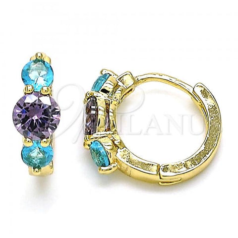 Oro Laminado Huggie Hoop, Gold Filled Style with Aqua Blue and Amethyst Cubic Zirconia, Polished, Golden Finish, 02.210.0490.2.15