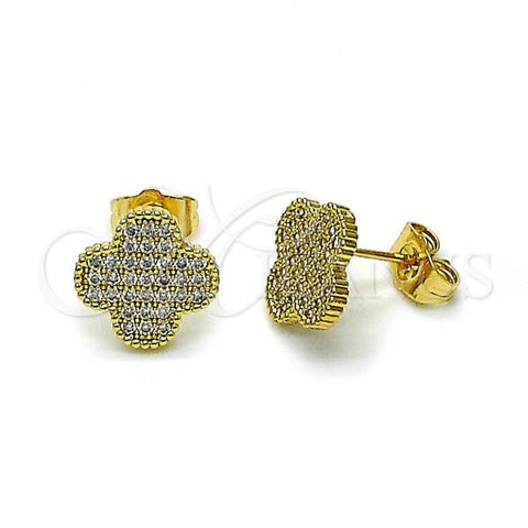 Oro Laminado Stud Earring, Gold Filled Style Four-leaf Clover Design, with White Cubic Zirconia, Polished, Golden Finish, 02.283.0212