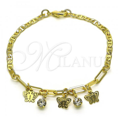 Oro Laminado Charm Bracelet, Gold Filled Style Butterfly and Paperclip Design, with White Crystal, Polished, Golden Finish, 03.63.2250.08