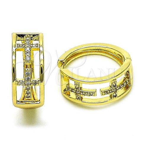 Oro Laminado Huggie Hoop, Gold Filled Style Cross Design, with White Micro Pave, Polished, Golden Finish, 02.213.0569.20