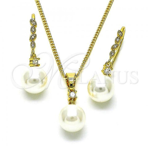 Oro Laminado Earring and Pendant Adult Set, Gold Filled Style Ball Design, with Ivory Pearl and White Micro Pave, Polished, Golden Finish, 10.387.0014
