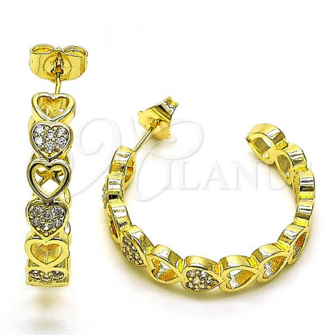 Oro Laminado Medium Hoop, Gold Filled Style Heart Design, with White Micro Pave, Polished, Golden Finish, 02.210.0781.30