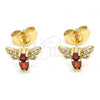 Oro Laminado Stud Earring, Gold Filled Style Bee Design, with Garnet Cubic Zirconia and White Micro Pave, Polished, Golden Finish, 02.210.0369.1
