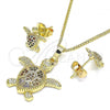 Oro Laminado Earring and Pendant Adult Set, Gold Filled Style Turtle Design, with Multicolor Micro Pave, Polished, Golden Finish, 10.284.0017