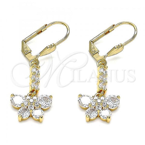 Oro Laminado Long Earring, Gold Filled Style Butterfly and Flower Design, with White Cubic Zirconia, Polished, Golden Finish, 02.387.0038