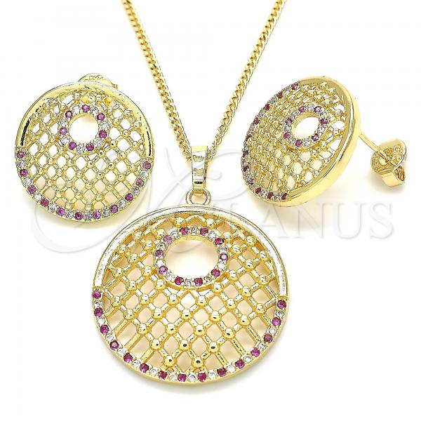 Oro Laminado Earring and Pendant Adult Set, Gold Filled Style with Ruby and White Cubic Zirconia, Polished, Golden Finish, 10.233.0037.2