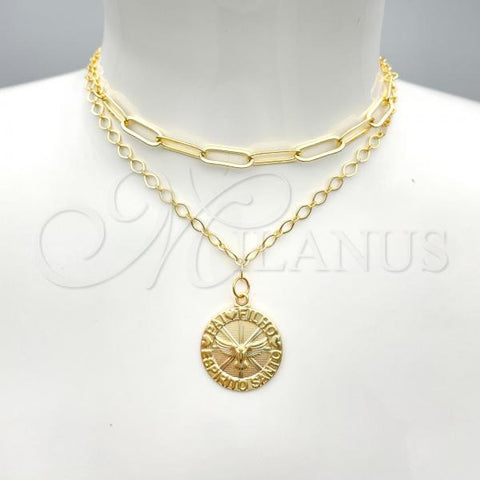 Oro Laminado Pendant Necklace, Gold Filled Style Paperclip and Holy Spirit Design, Polished, Golden Finish, 04.58.0023.20