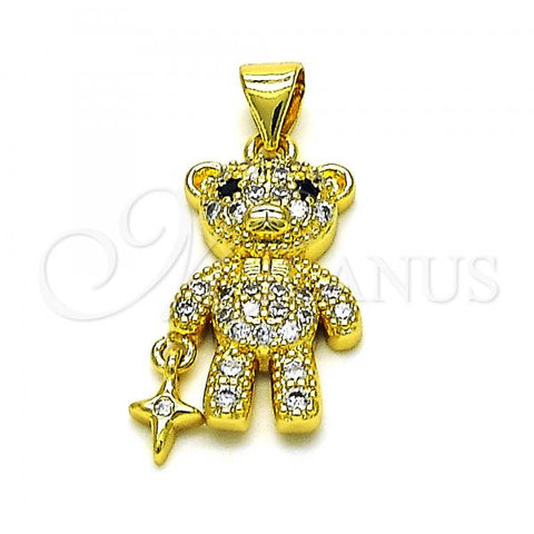 Oro Laminado Fancy Pendant, Gold Filled Style Teddy Bear and Star Design, with White and Black Cubic Zirconia, Polished, Golden Finish, 05.381.0019