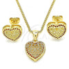 Oro Laminado Earring and Pendant Adult Set, Gold Filled Style Heart Design, with Garnet Micro Pave, Polished, Golden Finish, 10.156.0268.2