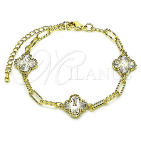 Oro Laminado Fancy Bracelet, Gold Filled Style Four-leaf Clover and Paperclip Design, Diamond Cutting Finish, Golden Finish, 03.319.0016.07