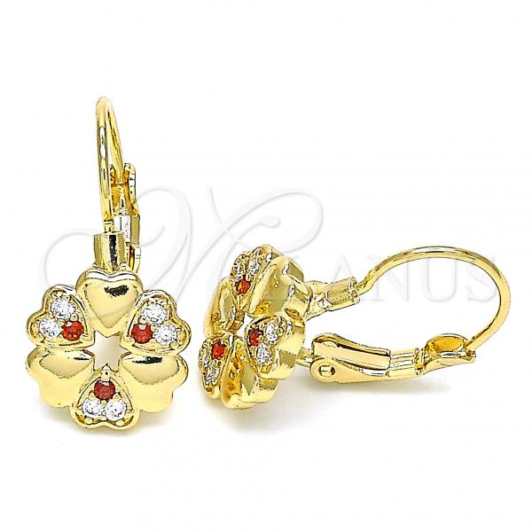 Oro Laminado Leverback Earring, Gold Filled Style Flower and Heart Design, with Garnet and White Micro Pave, Polished, Golden Finish, 02.210.0382.1