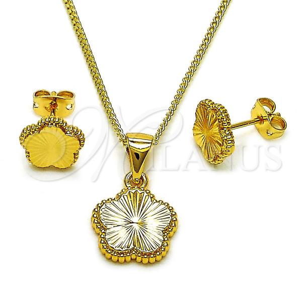 Oro Laminado Earring and Pendant Adult Set, Gold Filled Style Flower Design, Diamond Cutting Finish, Golden Finish, 10.342.0202