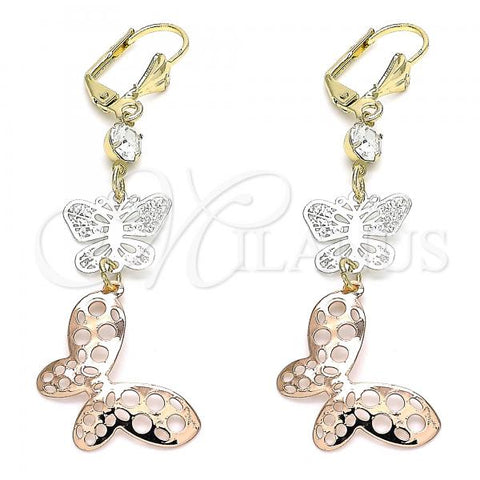 Oro Laminado Long Earring, Gold Filled Style Butterfly Design, with White Crystal, Polished, Tricolor, 02.351.0113