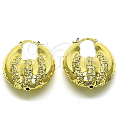 Oro Laminado Medium Hoop, Gold Filled Style Greek Key and Hollow Design, Polished, Golden Finish, 02.170.0424.35