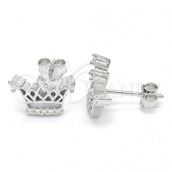 Sterling Silver Stud Earring, Crown Design, with White Cubic Zirconia and White Crystal, Polished, Rhodium Finish, 02.336.0079