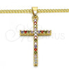 Oro Laminado Pendant Necklace, Gold Filled Style Cross Design, with Multicolor Cubic Zirconia, Polished, Golden Finish, 04.284.0013.3.20