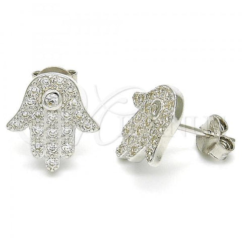 Sterling Silver Stud Earring, Hand of God Design, with White Cubic Zirconia, Polished, Rhodium Finish, 02.336.0095