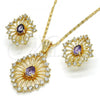Oro Laminado Earring and Pendant Adult Set, Gold Filled Style with Amethyst Crystal and White Cubic Zirconia, Polished, Golden Finish, 10.160.0062.1