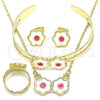 Oro Laminado Necklace, Bracelet, Earring and Ring, Gold Filled Style Flower Design, White Enamel Finish, Golden Finish, 06.361.0029