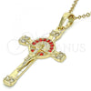 Oro Laminado Religious Pendant, Gold Filled Style Crucifix Design, with Garnet and White Crystal, Polished, Golden Finish, 05.213.0015