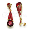 Oro Laminado Long Earring, Gold Filled Style Teardrop Design, with Garnet Cubic Zirconia and Garnet Crystal, Polished, Golden Finish, 02.268.0050