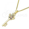 Oro Laminado Pendant Necklace, Gold Filled Style key and Crown Design, with Multicolor Micro Pave, Polished, Golden Finish, 04.344.0014.2.20