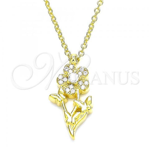 Sterling Silver Pendant Necklace, Flower and Butterfly Design, with White Cubic Zirconia and White Crystal, Polished, Golden Finish, 04.336.0200.2.16