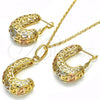 Oro Laminado Earring and Pendant Adult Set, Gold Filled Style Chunky Design, Polished, Tricolor, 10.163.0007.1