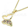 Oro Laminado Pendant Necklace, Gold Filled Style Butterfly Design, with Multicolor Micro Pave, Polished, Golden Finish, 04.156.0053.4.20