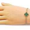 Oro Laminado Adjustable Bolo Bracelet, Gold Filled Style Four-leaf Clover and Box Design, with Green Mother of Pearl and White Cubic Zirconia, Polished, Golden Finish, 03.341.0235.3.11