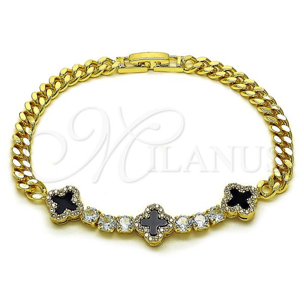 Oro Laminado Fancy Bracelet, Gold Filled Style Four-leaf Clover and Miami Cuban Design, with Black Micro Pave, Polished, Golden Finish, 03.284.0057.3.07