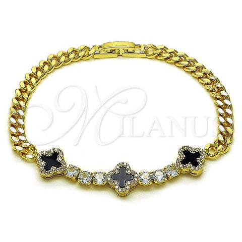 Oro Laminado Fancy Bracelet, Gold Filled Style Four-leaf Clover and Miami Cuban Design, with Black Micro Pave, Polished, Golden Finish, 03.284.0057.3.07