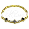 Oro Laminado Fancy Bracelet, Gold Filled Style Four-leaf Clover and Miami Cuban Design, with Black Micro Pave, Polished, Golden Finish, 03.284.0057.3.07