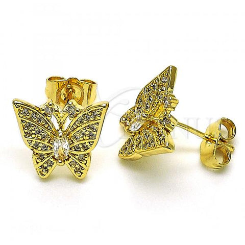 Oro Laminado Stud Earring, Gold Filled Style Butterfly Design, with White Cubic Zirconia, Polished, Golden Finish, 02.284.0049.1