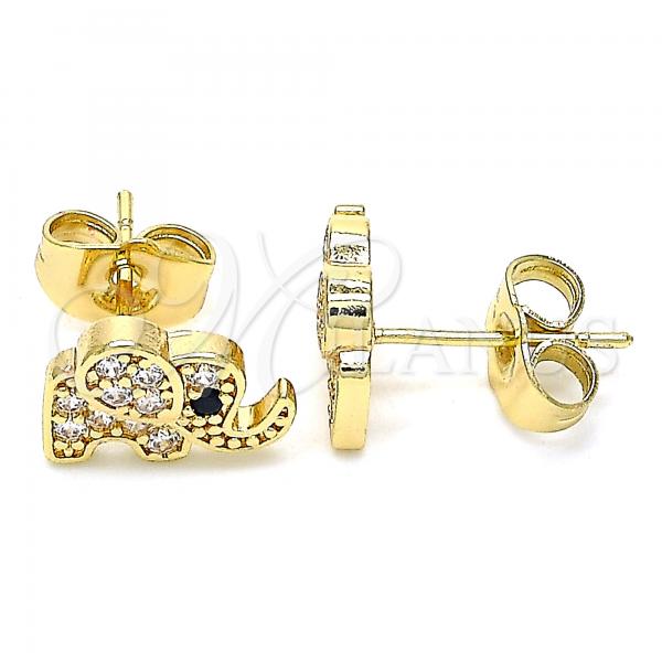 Oro Laminado Stud Earring, Gold Filled Style Elephant Design, with White Micro Pave, Polished, Golden Finish, 02.210.0402