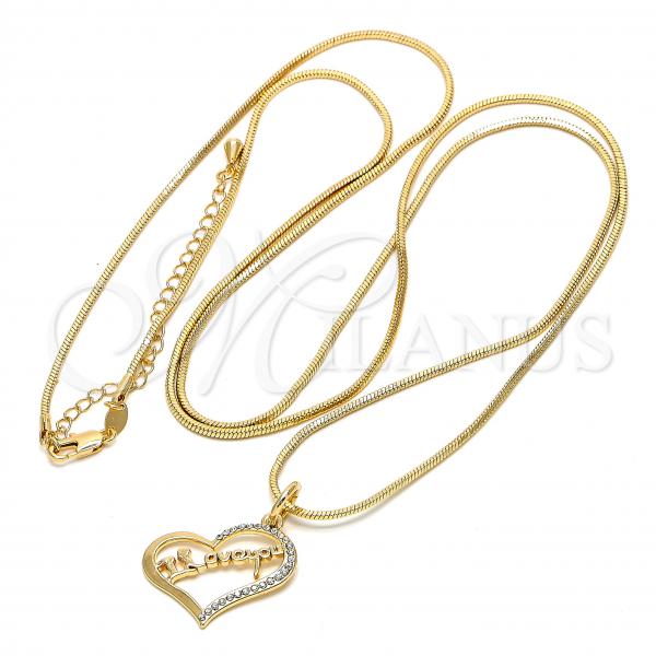 Oro Laminado Pendant Necklace, Gold Filled Style Heart and Rat Tail Design, with White Crystal, Polished, Golden Finish, 04.63.0208