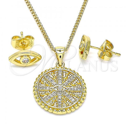 Oro Laminado Earring and Pendant Adult Set, Gold Filled Style Evil Eye Design, with White Micro Pave, Polished, Golden Finish, 10.156.0397