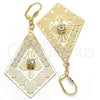 Oro Laminado Dangle Earring, Gold Filled Style Flower Design, with White Crystal, Polished, Golden Finish, 60.004