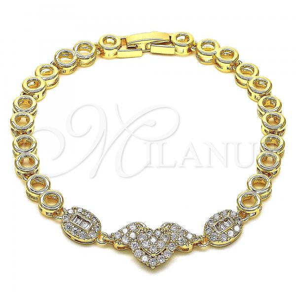 Oro Laminado Fancy Bracelet, Gold Filled Style Heart Design, with White Micro Pave, Polished, Golden Finish, 03.283.0136.07